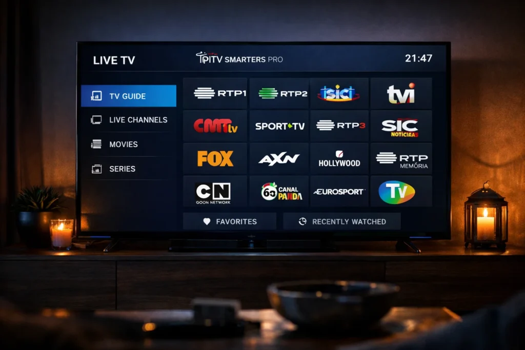 Interface do IPTV Smarters Pro com canais portugueses