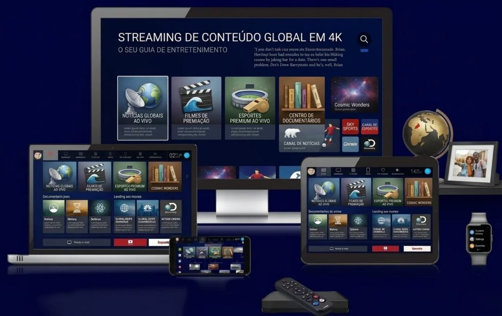 Um conjunto de dispositivos como smart TV, portátil e smartphone exibindo uma interface de IPTV Portugal com canais de desporto em direto e filmes em 4K num ambiente moderno.